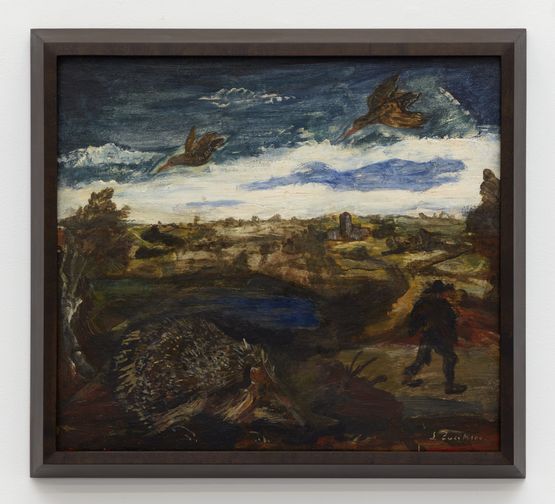 Untitled Riccio ed anatre in volo Hedgehog and ducks in flight by Luigi Zuccheri contemporary artwork Painting