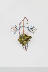 Dent cariee du Cretace. Dans la paume de nos mains meandre androgyne nacre delavee felure du sablier. Misericorde coffre tes murmures divinatoires sous les pieds de Andromede croton vert a points jaunes by Julien Creuzet contemporary artwork sculpture
