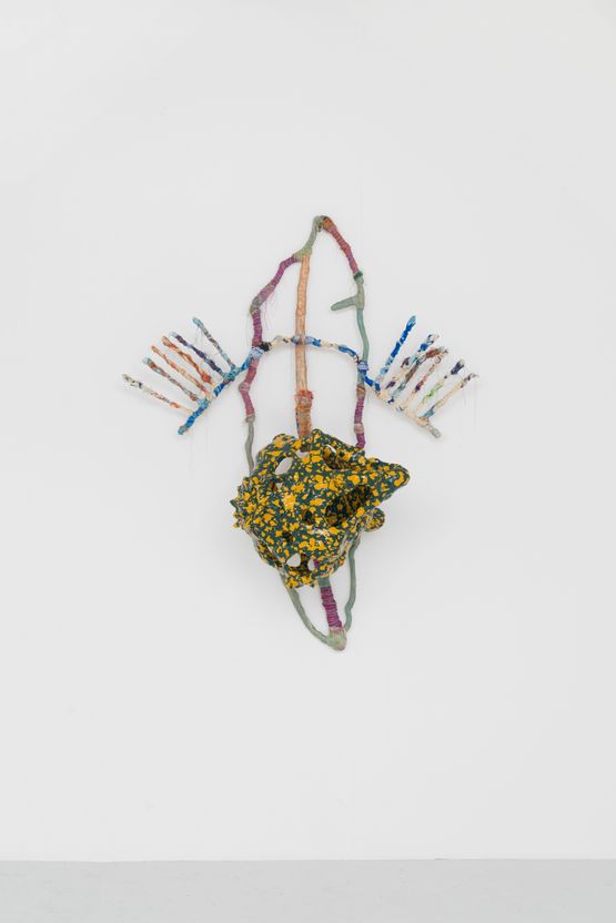Dent cariee du Cretace. Dans la paume de nos mains meandre androgyne nacre delavee felure du sablier. Misericorde coffre tes murmures divinatoires sous les pieds de Andromede croton vert a points jaunes by Julien Creuzet contemporary artwork Sculpture
