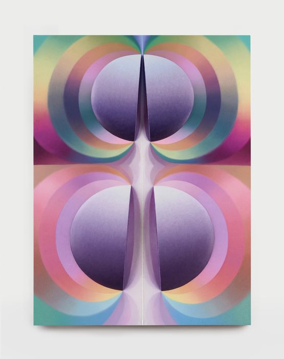 Split Orbs in purple pink green and teal by Loie Hollowell contemporary artwork Painting