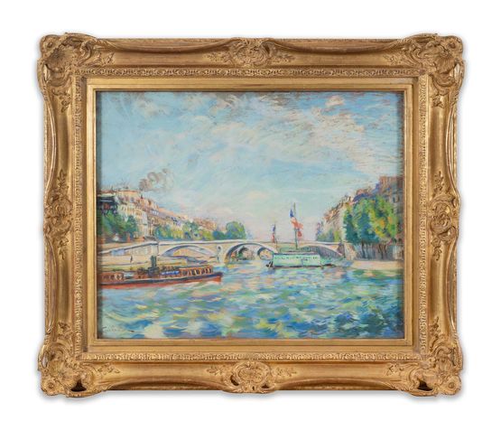 Les quais de la Seine a Paris Pont Louis-Philippe peniches et bateau lavoir by Armand Guillaumin contemporary artwork Works on Paper