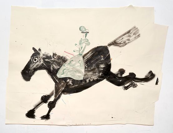 Black Horse with Goya Rider by Rose Wylie contemporary artwork Works on Paper