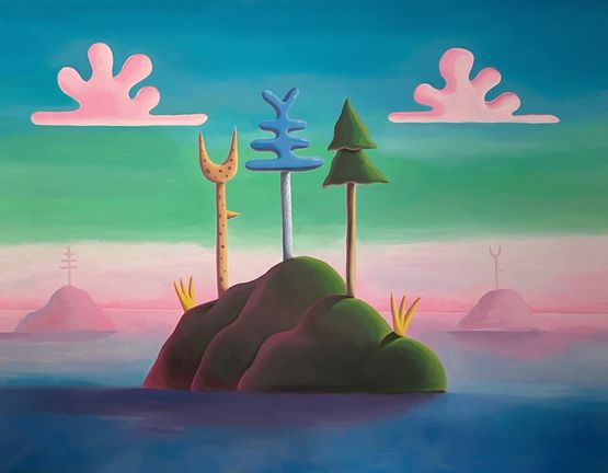 Two pink clouds and two pink islands by Daisy Dodd-Noble contemporary artwork Painting