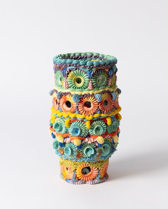 Polychrome round perforated pucker rainbow vase by Ebony Russell contemporary artwork Sculpture