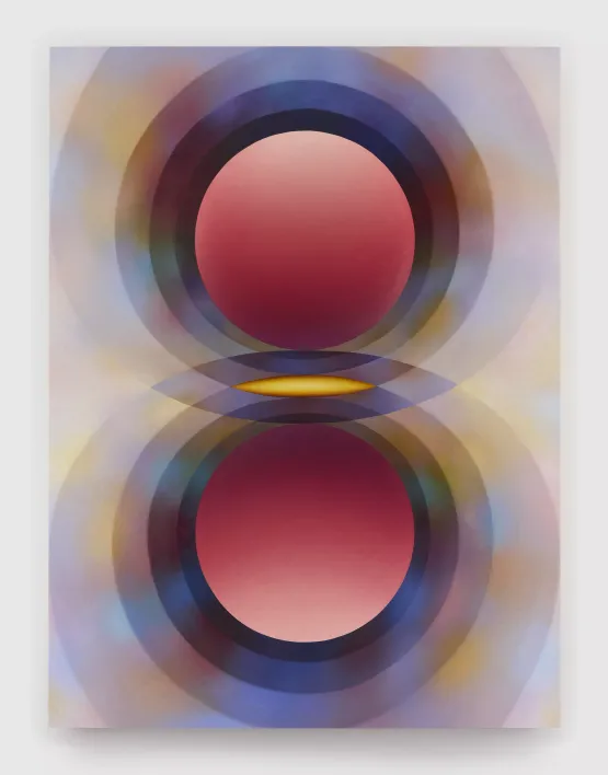 Overview Effect in red and yellow with small mandorla by Loie Hollowell contemporary artwork Painting
