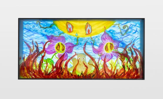 Sun dried slick the flames blind us - to the fact the fire bears the real - the radical body as somehow untouchable by Precious Okoyomon contemporary artwork Painting