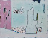 A pile of fruits and three hands with green and purple background by Tang Yongxiang contemporary artwork painting works on paper