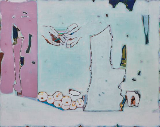 A pile of fruits and three hands with green and purple background by Tang Yongxiang contemporary artwork Painting