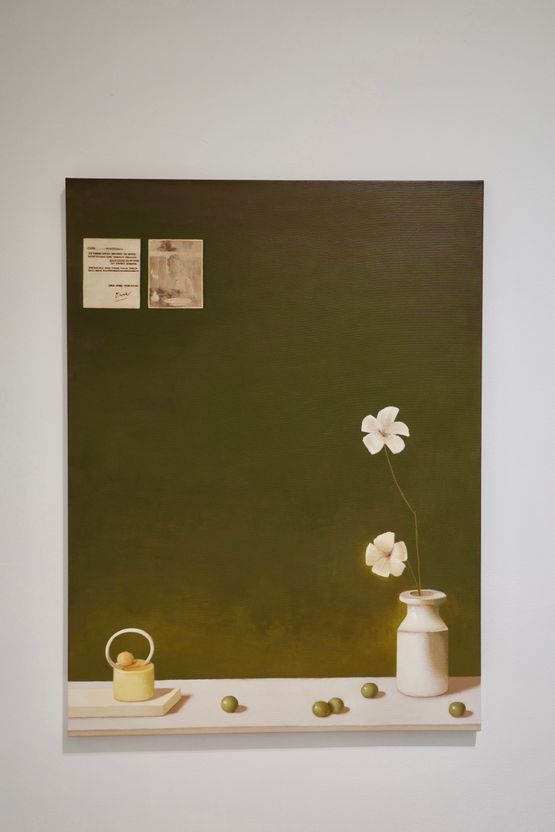 Still life with two flowers and five grapes by Jonathan Hadipranata contemporary artwork Painting