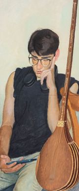 Dutar and a lad scrolling on his phone by You Yong contemporary artwork painting