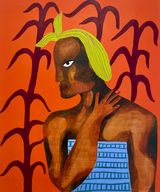 Aunty hiding in the grass by Boemo Diale contemporary artwork mixed media painting