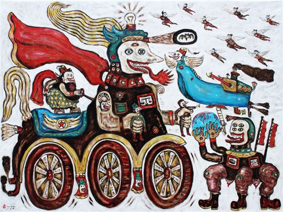 Semar and the Angels Perspective of the world by Heri Dono contemporary artwork Painting