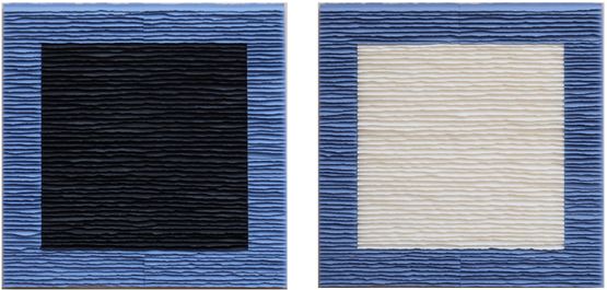 Two black and white squares on blue Diptych by Fernando Daza contemporary artwork Painting