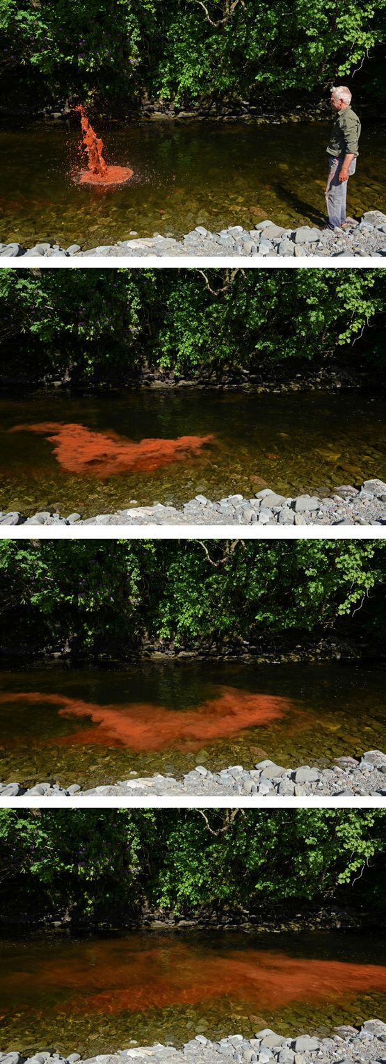 Crushed red river stone. Thrown into Scaur Water. Dumfriesshire Scotland. 2 June 2016 by Andy Goldsworthy contemporary artwork Photography