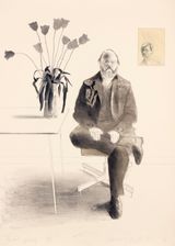 Henry seated with tulips by David Hockney contemporary artwork print
