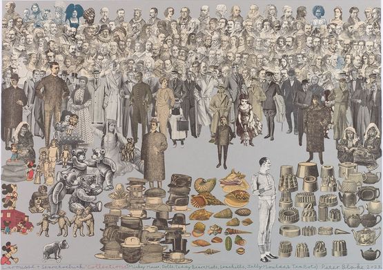 Larousse.  Sears Roebuck. Collections. Mickey Mouse Dolls Teddy Bears Hats Seashells Jelly Moulds  Tea Pots by Peter Blake contemporary artwork Works on Paper