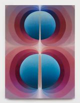 Split orbs in teal purple and fuchsia by Loie Hollowell contemporary artwork painting works on paper