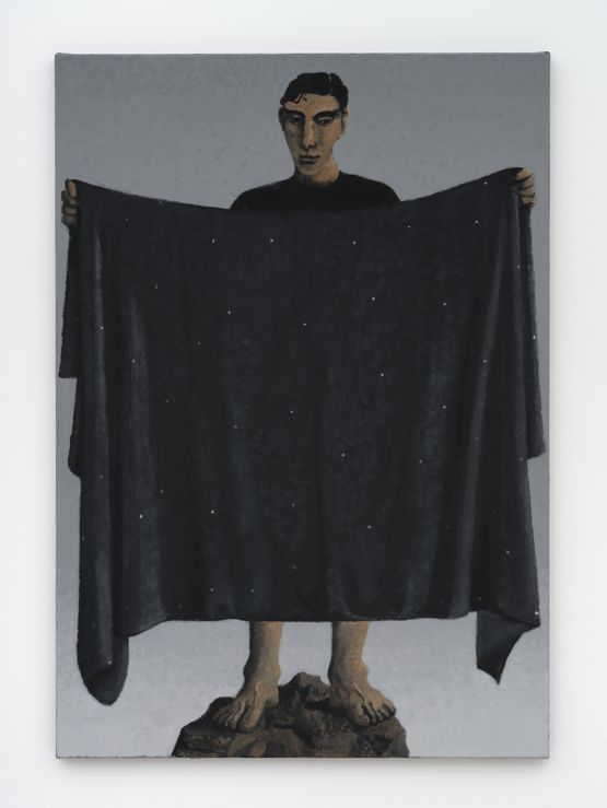 Man holding the night sky by Lenz Geerk contemporary artwork Painting