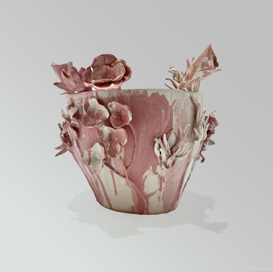 Ceramic Vase Pink With 5 Flowers by Mary-lynn Massoud  Rasha Nawam contemporary artwork Sculpture