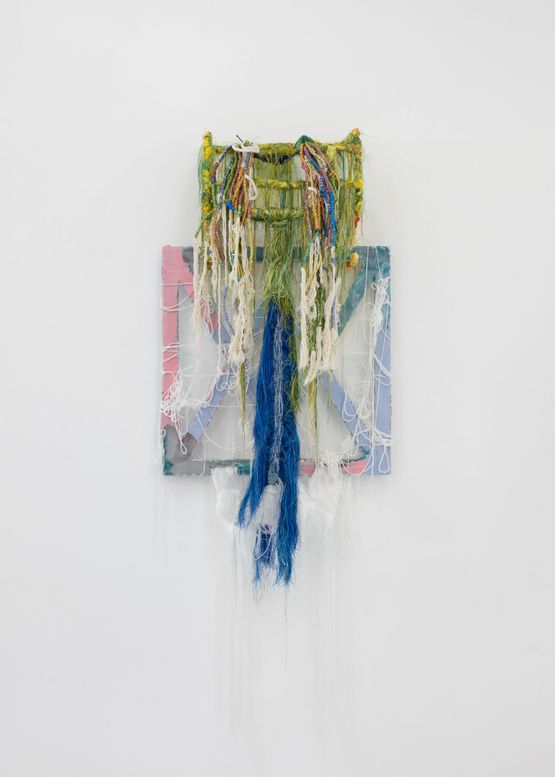 sacred earth speaks to us of the old anchored trees waterlogged earth. tell us about the dizzying lights of the green peaks. land secret whispered. we know how to count you when the wind wears away. Grand Goave bleu by Julien Creuzet contemporary artwork Sculpture