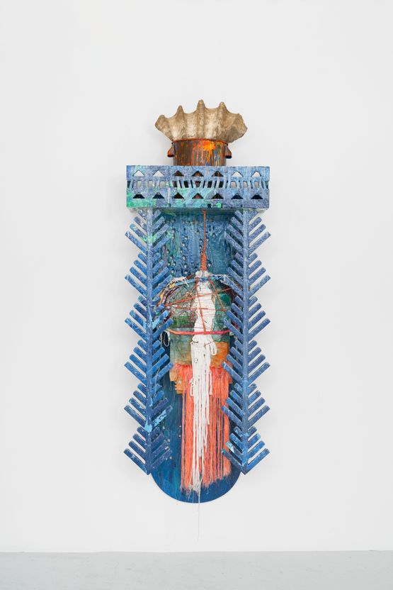 Nos diables rouges nos derives commotions after sinking long contemplation holy blue subliminal desir occipital desire enchantons latmosphere autel coquillage by Julien Creuzet contemporary artwork Painting