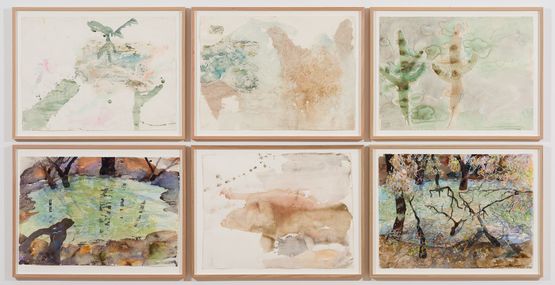 Entangled layers of the spectral rivers of the Wimmera plains  duckweed Lenticules deaux misting over the pools of Banyena by John Wolseley contemporary artwork Painting
