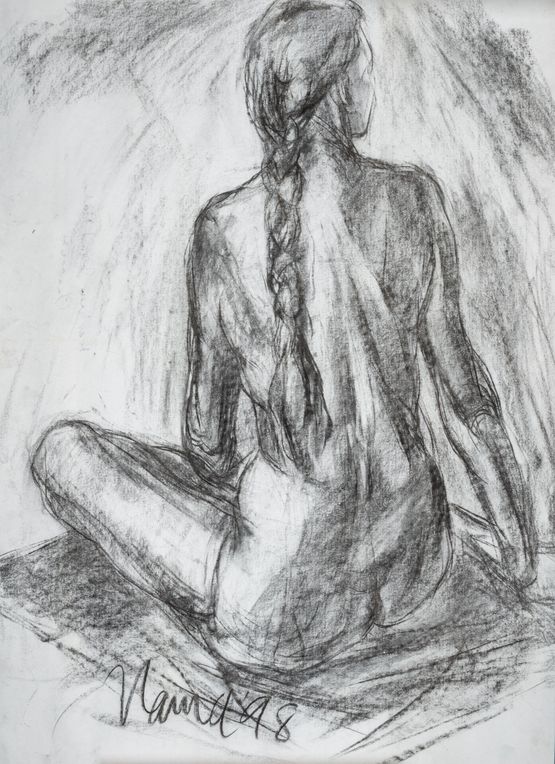 Rearview Seated Nude Charcoal 98 by Solamalay Namasivayam contemporary artwork Works on Paper