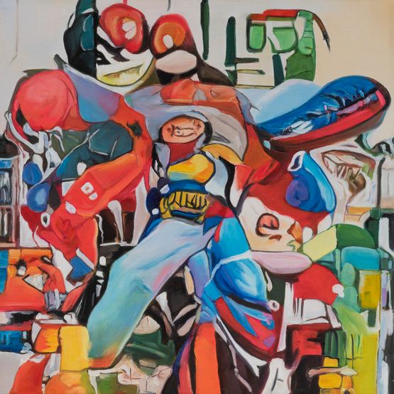 A Group of People Riding on the Back of a Motorcycle by Alexander Reben contemporary artwork Painting