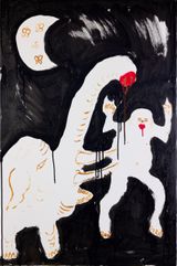 impaled by the elephant in the room under the crescent moon obscured by giant moths is it auspicious or is eachand every day i live full of mishap by Jason Phu contemporary artwork painting