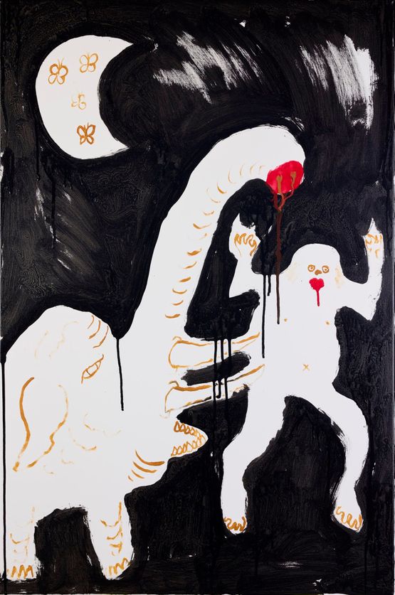 impaled by the elephant in the room under the crescent moon obscured by giant moths is it auspicious or is eachand every day i live full of mishap by Jason Phu contemporary artwork Painting