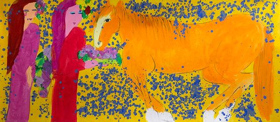 Two Ladies with a Horse of Tangerine Colour by Walasse Ting contemporary artwork Painting