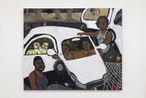 Pulling up two white cars four trees at night by Jonathan Lyndon Chase contemporary artwork Painting