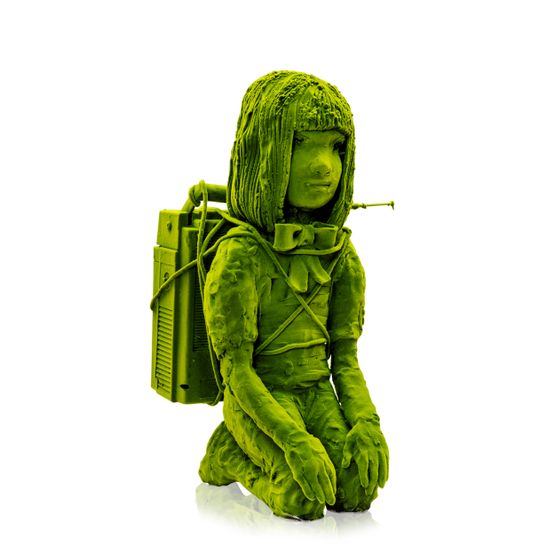 Kneeling Mossgirl With Stereo And Polka Hair by Kim Simonsson contemporary artwork Sculpture