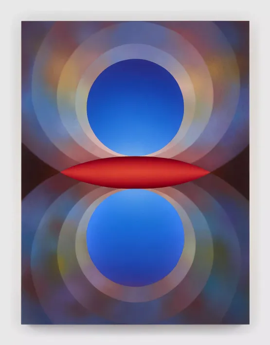 Overview Effect in blue and red with large mandorla by Loie Hollowell contemporary artwork Painting