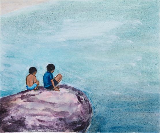 Boys on a Rock by Matthew Krishanu contemporary artwork Painting