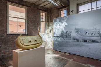 Contemporary art exhibition Simon Starling Houseboat For Ho Presented By The Strawman at The Modern Institute Airds Lane United Kingdom