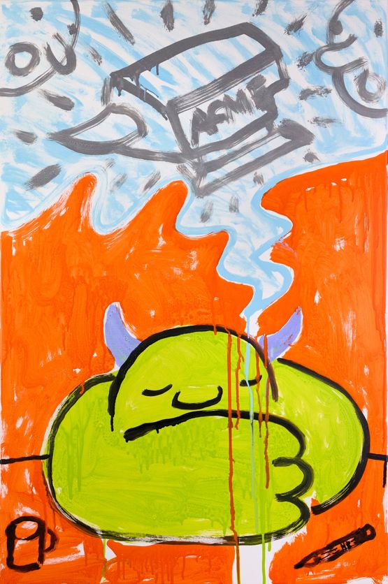 day dreams of heavy anvils turn into heavy anvils dropped from the sky on days we write poetry and drink coffee by Jason Phu contemporary artwork Painting