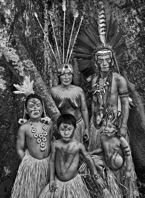 Shana with wife Taiana and their children Yawanawa village of Nova Esperanca Rio Gregorio Indigenous Territory State of Acre Brazil by Sebastiao Salgado contemporary artwork Photography