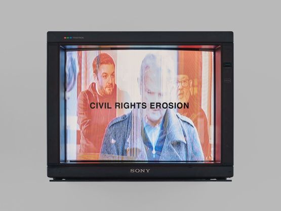 TV Text  Image CIVIL RIGHTS EROSION by Gretchen Bender contemporary artwork Moving Image