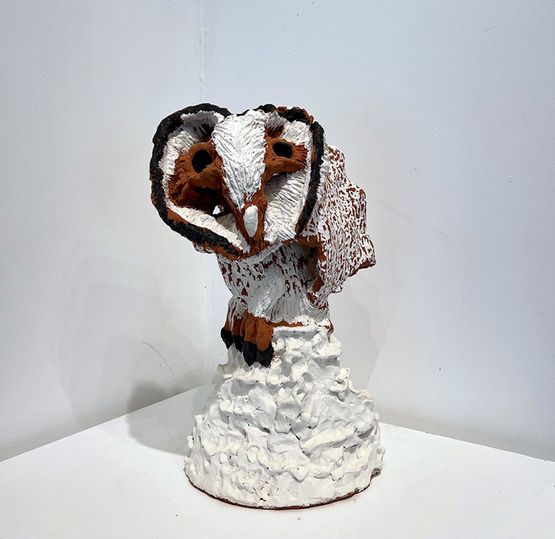 Masked owl and landscape by Peter Cooley contemporary artwork Sculpture