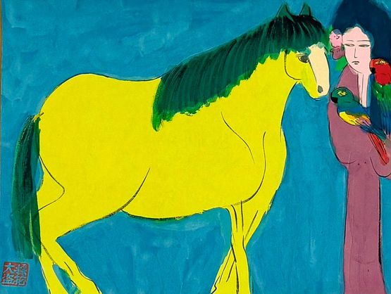 Oriental Beauty with a Bright Yellow Horse by Walasse Ting contemporary artwork Painting