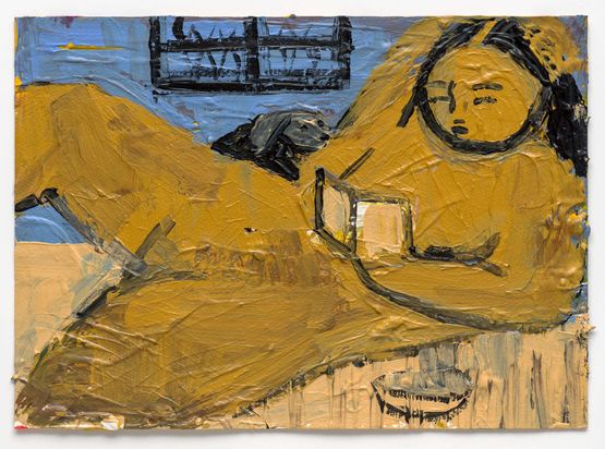 Snack on the bed with dog and book by Monica Kim Garza contemporary artwork Works on Paper