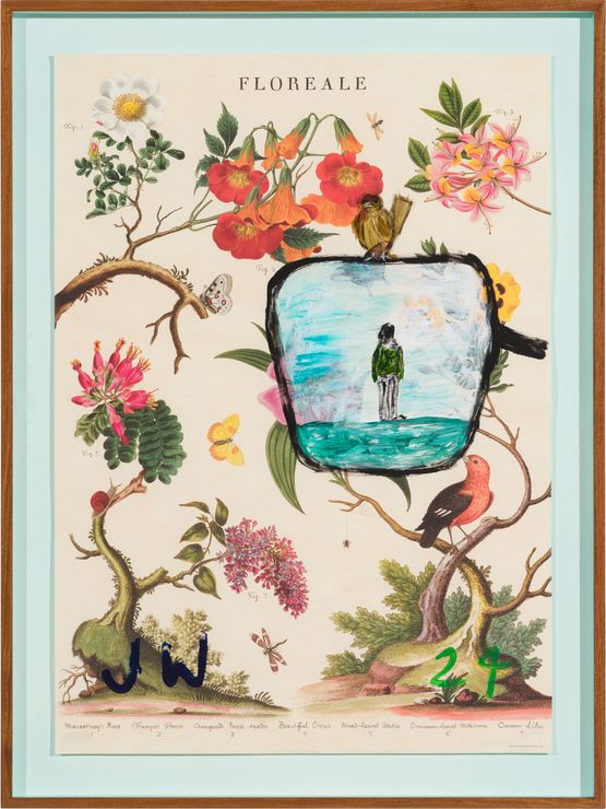 Tiny bird on car mirror by Jenny Watson contemporary artwork Painting
