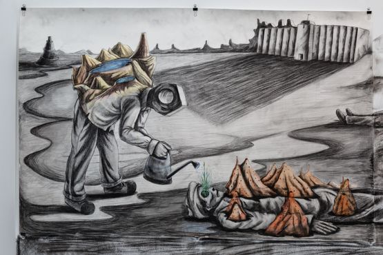 Death of Dharma by Prabhakar Pachpute contemporary artwork Drawing