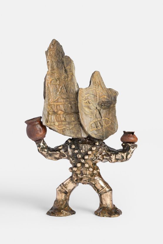 Votive Figure with Wooden Masks and Vessels by Ramesh Mario Nithiyendran contemporary artwork Sculpture