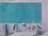 Five pairs of feet with a green rectangle above by Tang Yongxiang contemporary artwork painting works on paper