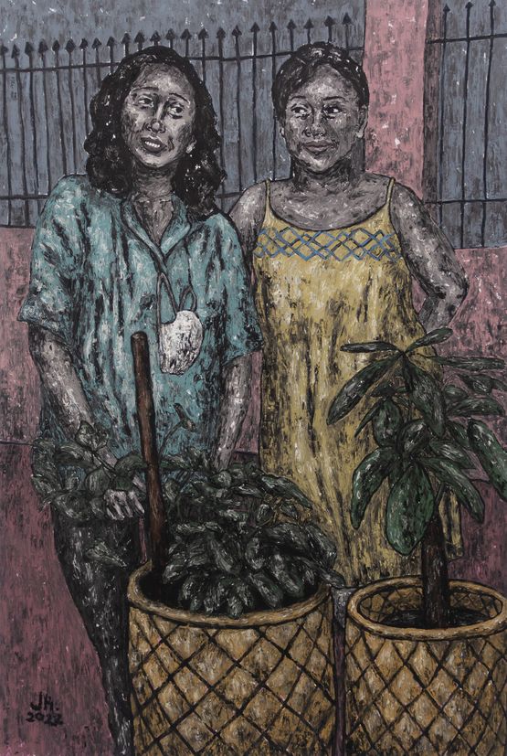 A portrait of my mother with her best friend in Santa Rosa by Johanna Helmuth contemporary artwork Painting