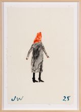Woman in a grey coat by Jenny Watson contemporary artwork painting works on paper