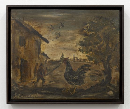 Untitled Figura umana gallo e insetti by Luigi Zuccheri contemporary artwork Painting
