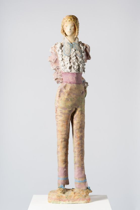 Woman with pink cummerbund by Linda Marrinon contemporary artwork Sculpture